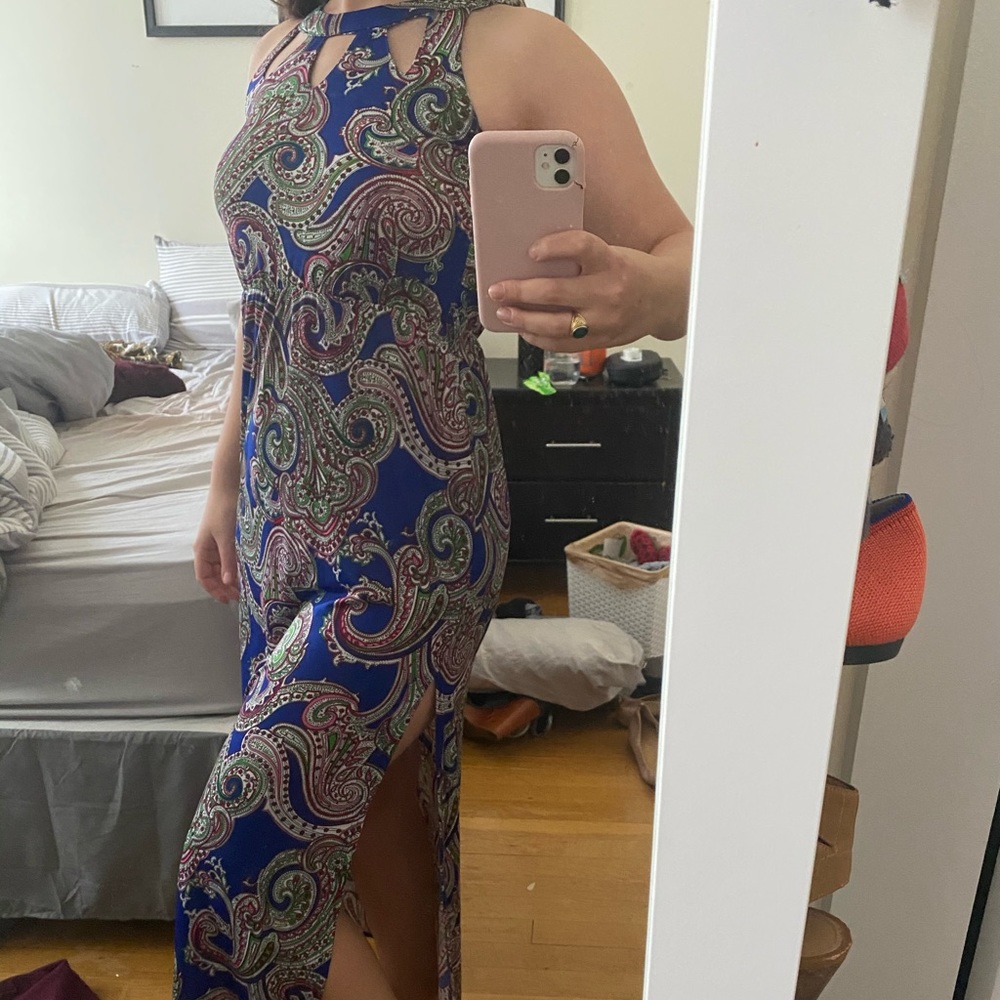 Blue, purple paisley maxi dress with slits size XS